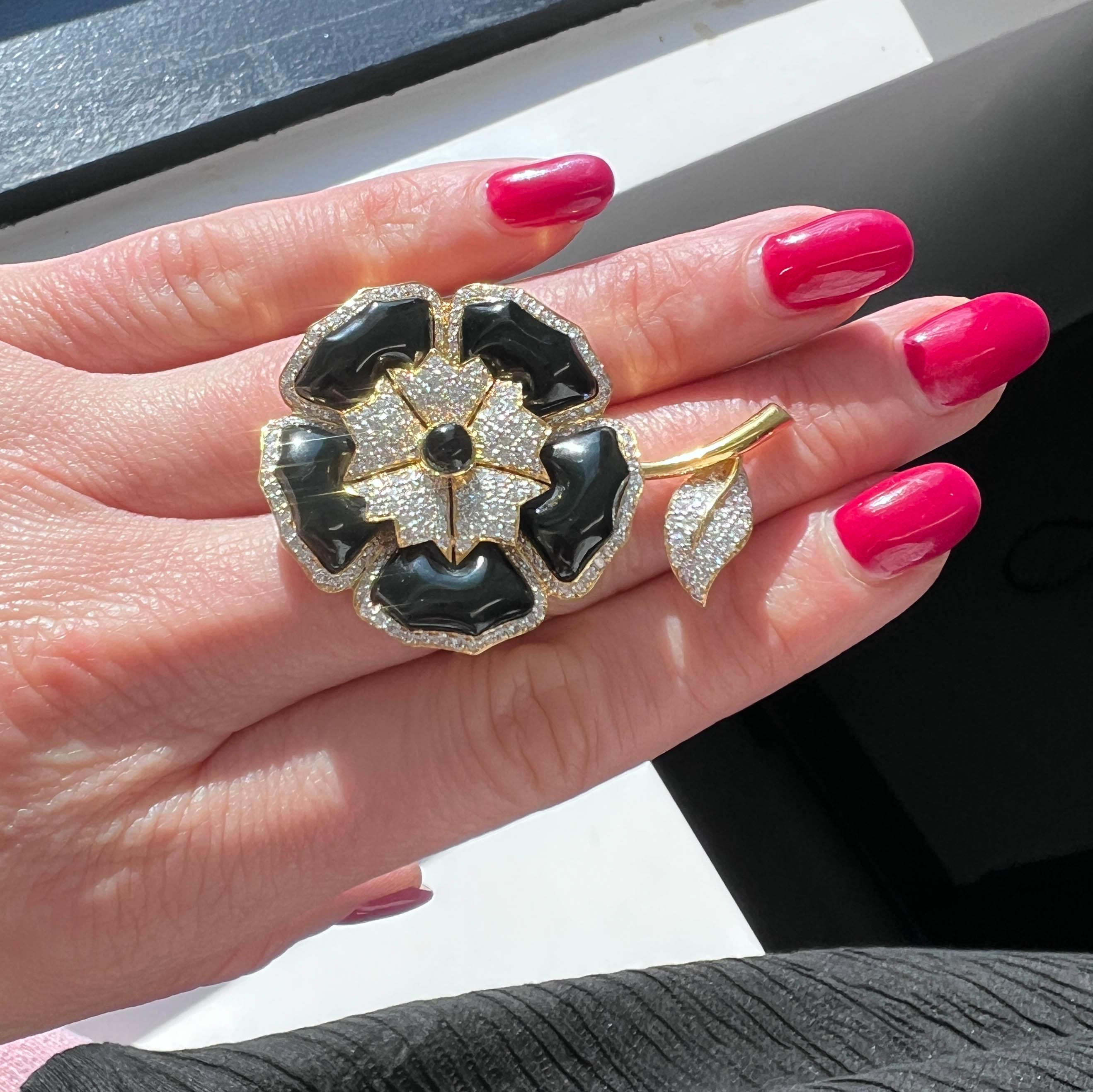 Women's or Men's Vintage Black Onyx and Diamond Flower Brooch
