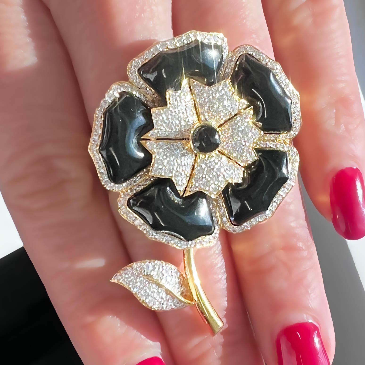 Vintage Black Onyx and Diamond Flower Brooch 1