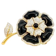 Vintage Black Onyx and Diamond Flower Brooch