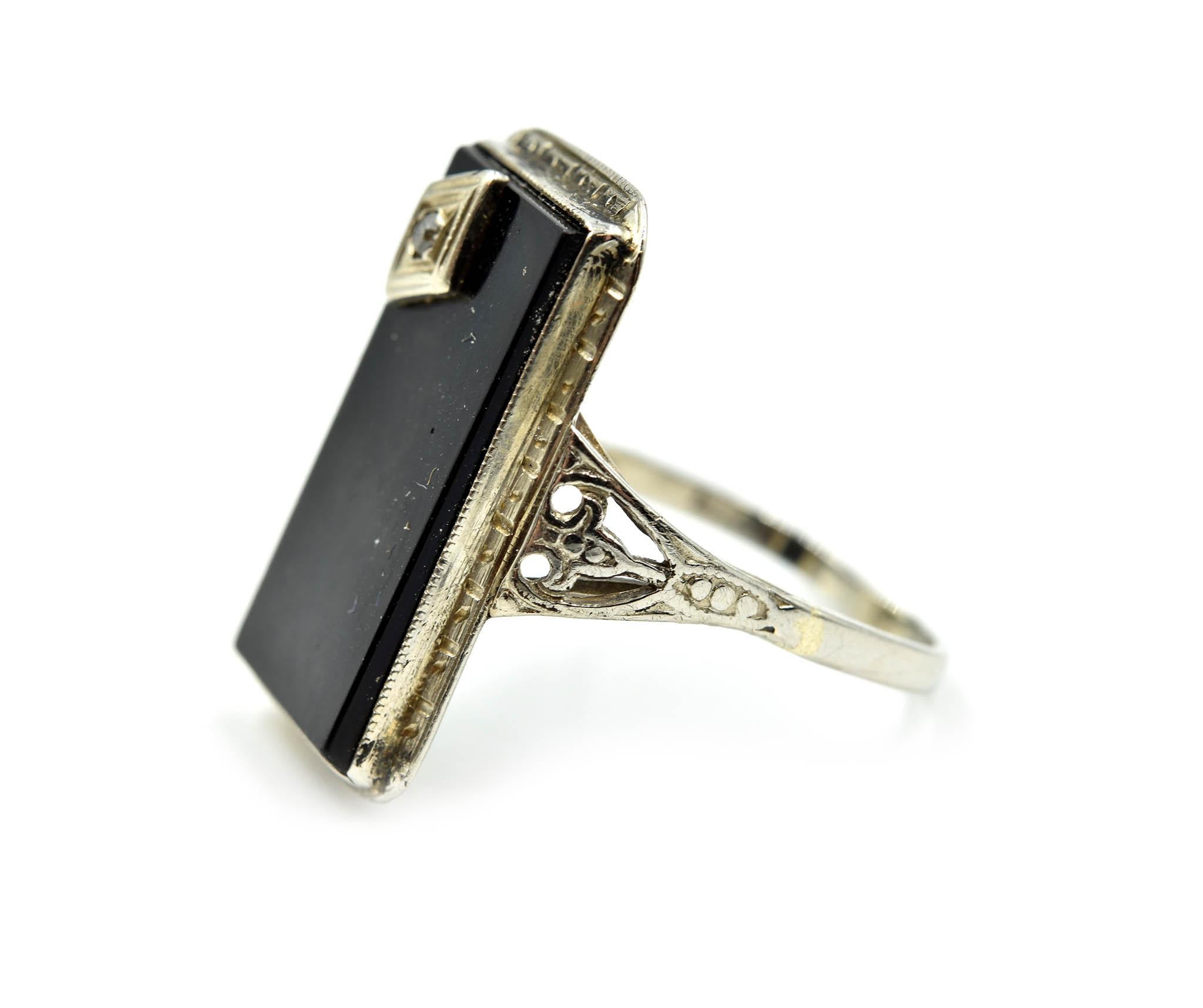 Art Deco Vintage Black Onyx and Diamond Ring 14 Karat White Gold