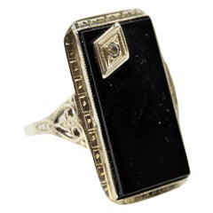 Vintage Black Onyx and Diamond Ring 14 Karat White Gold