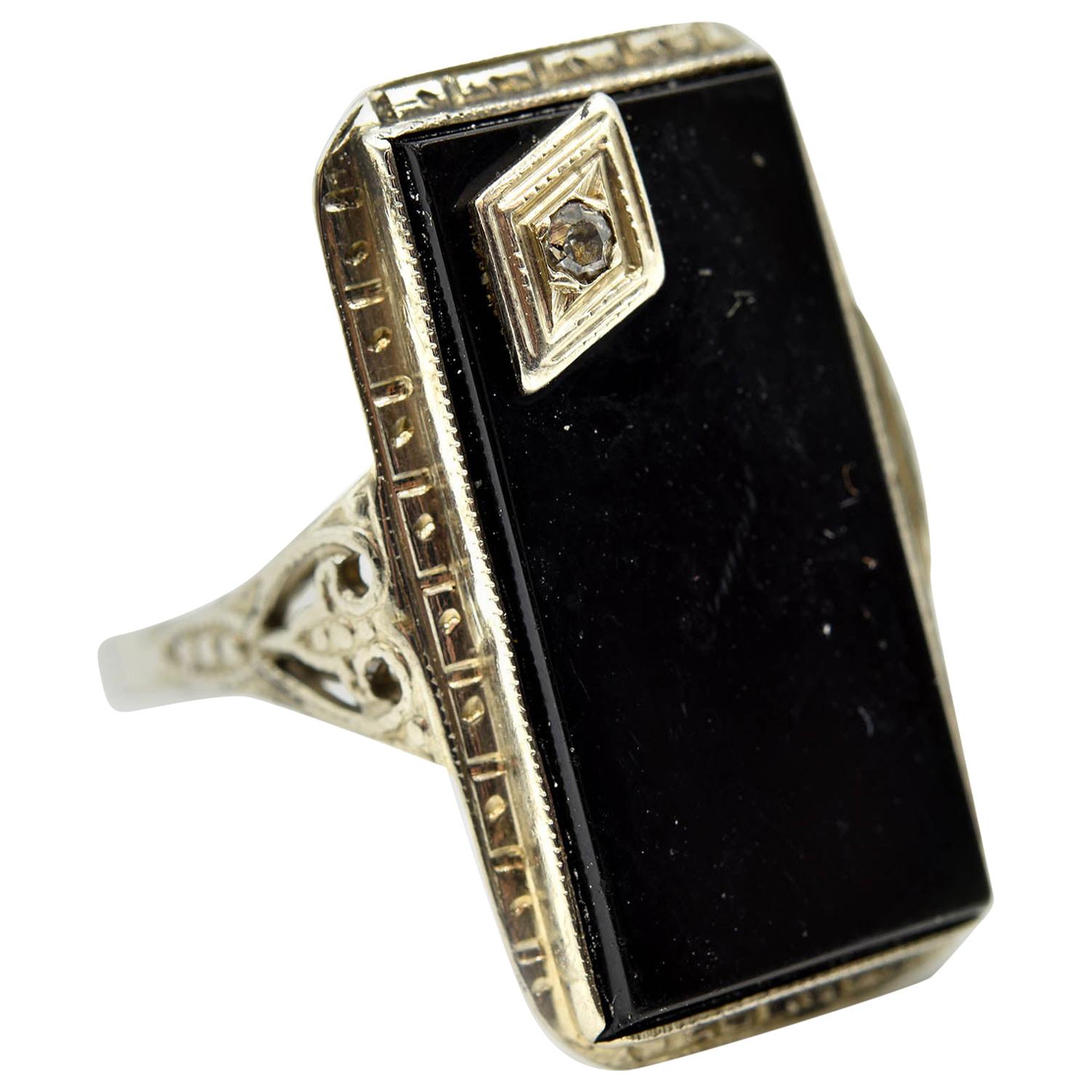 Vintage Black Onyx and Diamond Ring 14 Karat White Gold