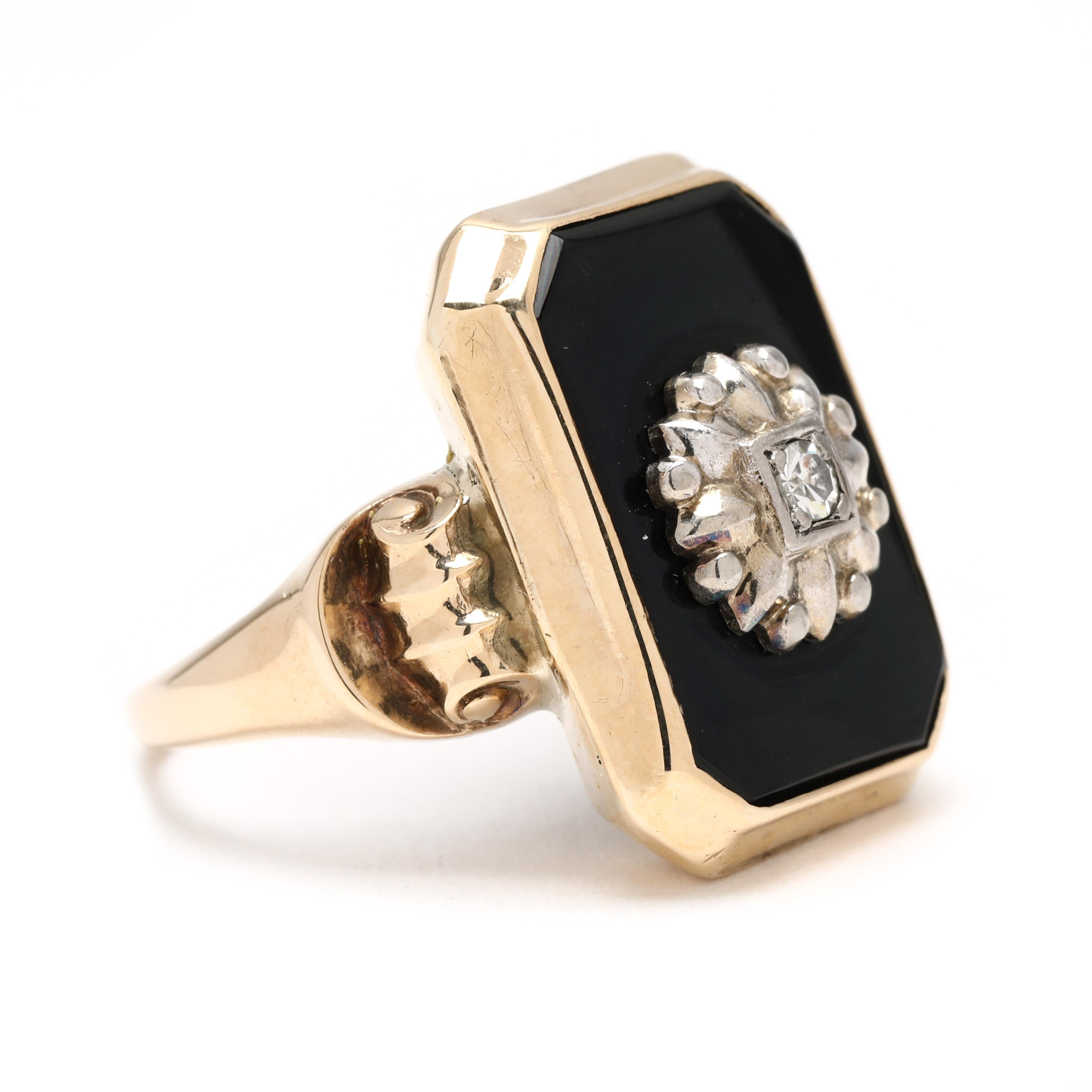 Stones:
black onyx
rectangular tablet
18 x 12 mm
diamond 
single cut

Ring Size 7

Rise Off Of Finger: 6.6 mm

Length: 20.5 mm

Weight: 5.8 grams

Stamps: 