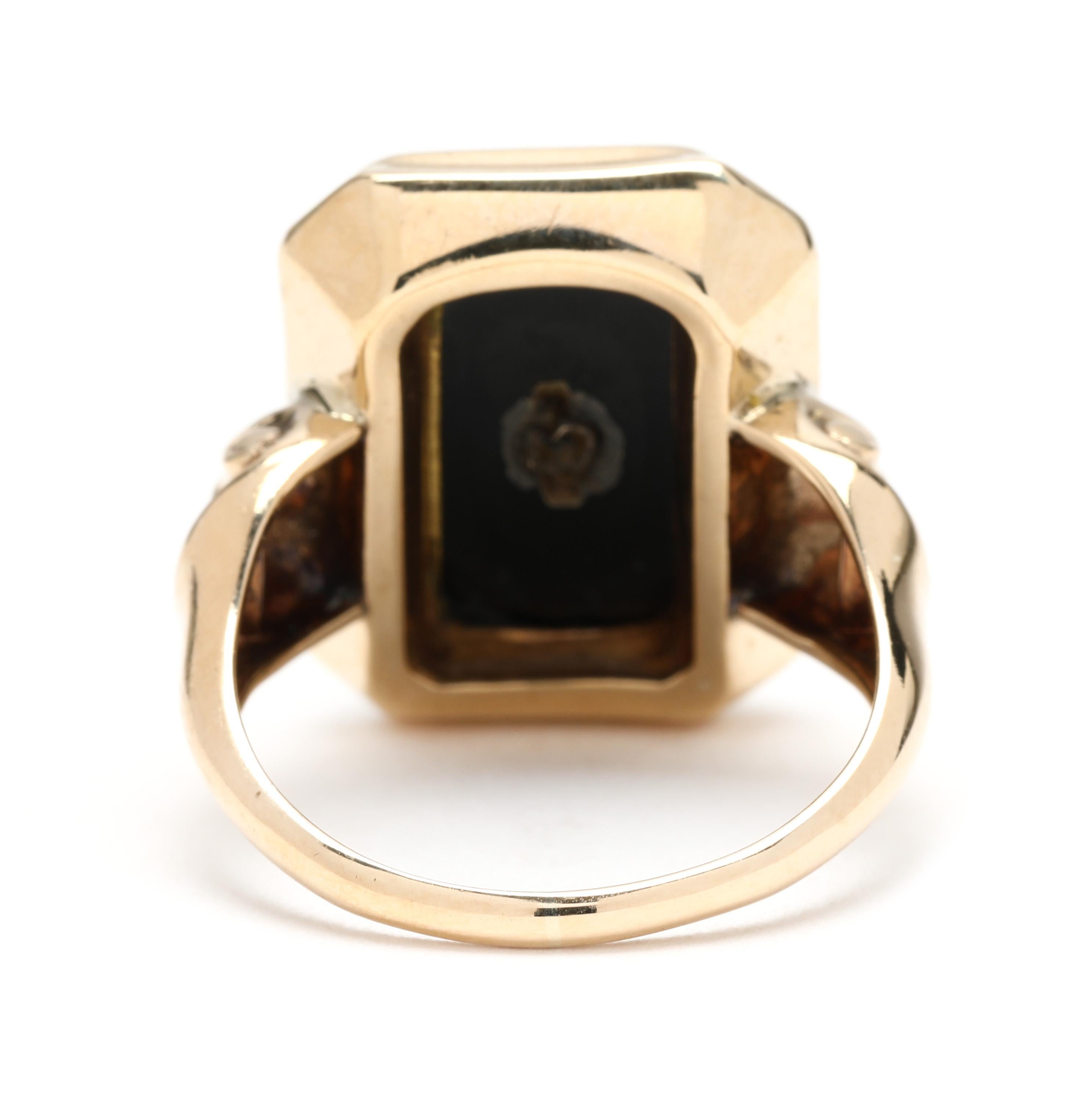 Women's or Men's Vintage Black Onyx and Diamond Statement Ring, 10k Yellow Gold, Ring Size 7 For Sale