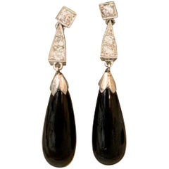 Vintage Black Onyx and European Cut Diamond White Gold Dangle Earrings Vintage Black Onyx and European Cut Diamond White Gold Dangle Earrings