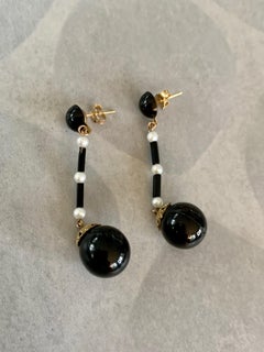 Vintage Black Onyx and Pearl 14 Karat Yellow Gold Dangle Post Earrings