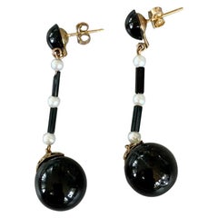 Vintage Black Onyx and Pearl 14 Karat Yellow Gold Dangle Post Earrings