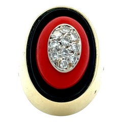 Vintage Black Onyx Coral and Diamond Cocktail Ring in 14k Yellow Gold