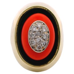 Vintage Black Onyx Coral and Diamond Cocktail Ring in 14k Yellow Gold