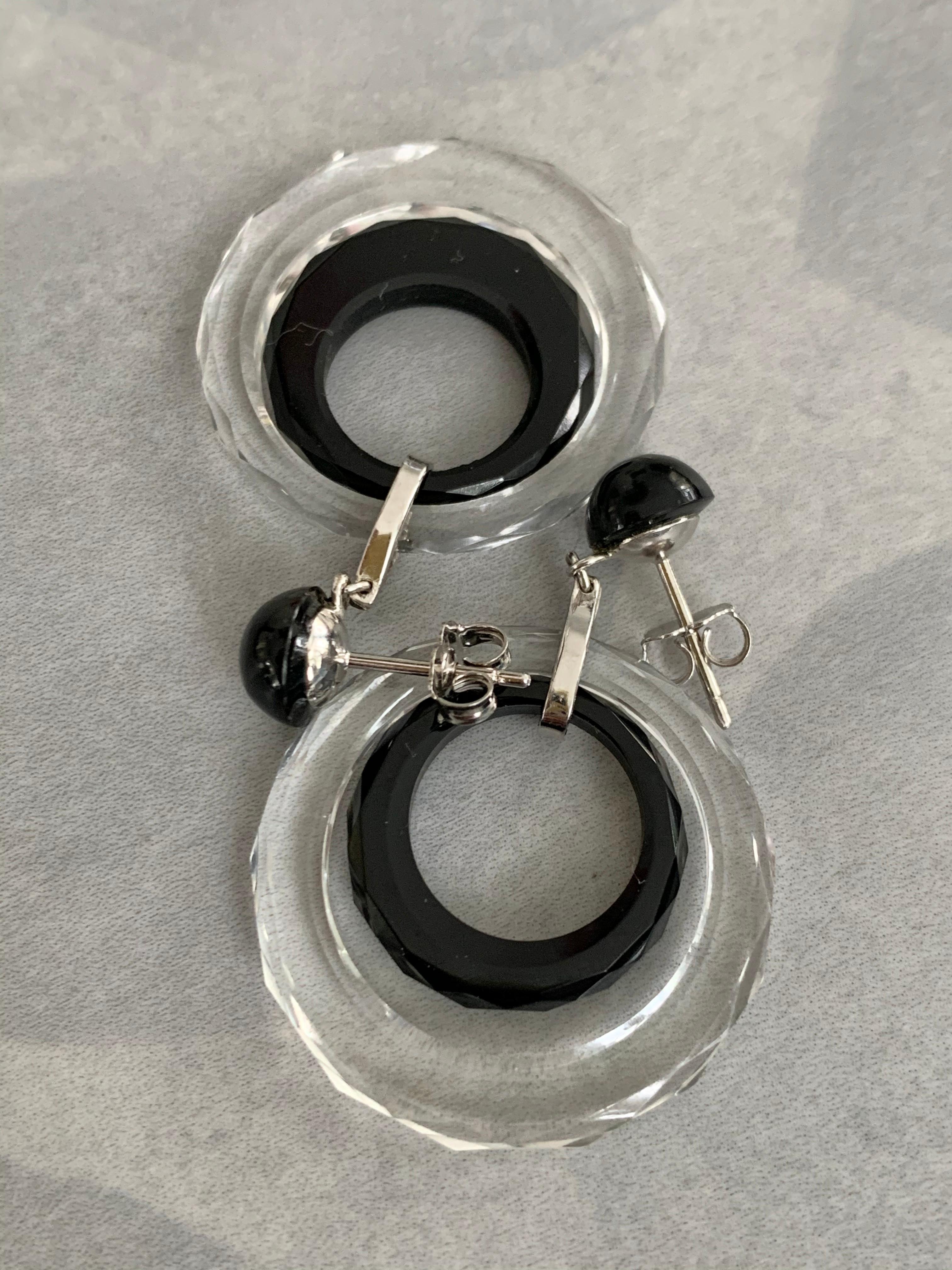 Round Cut Vintage Black Onyx, Crystal and 14 Karat White Gold Post Earrings For Sale