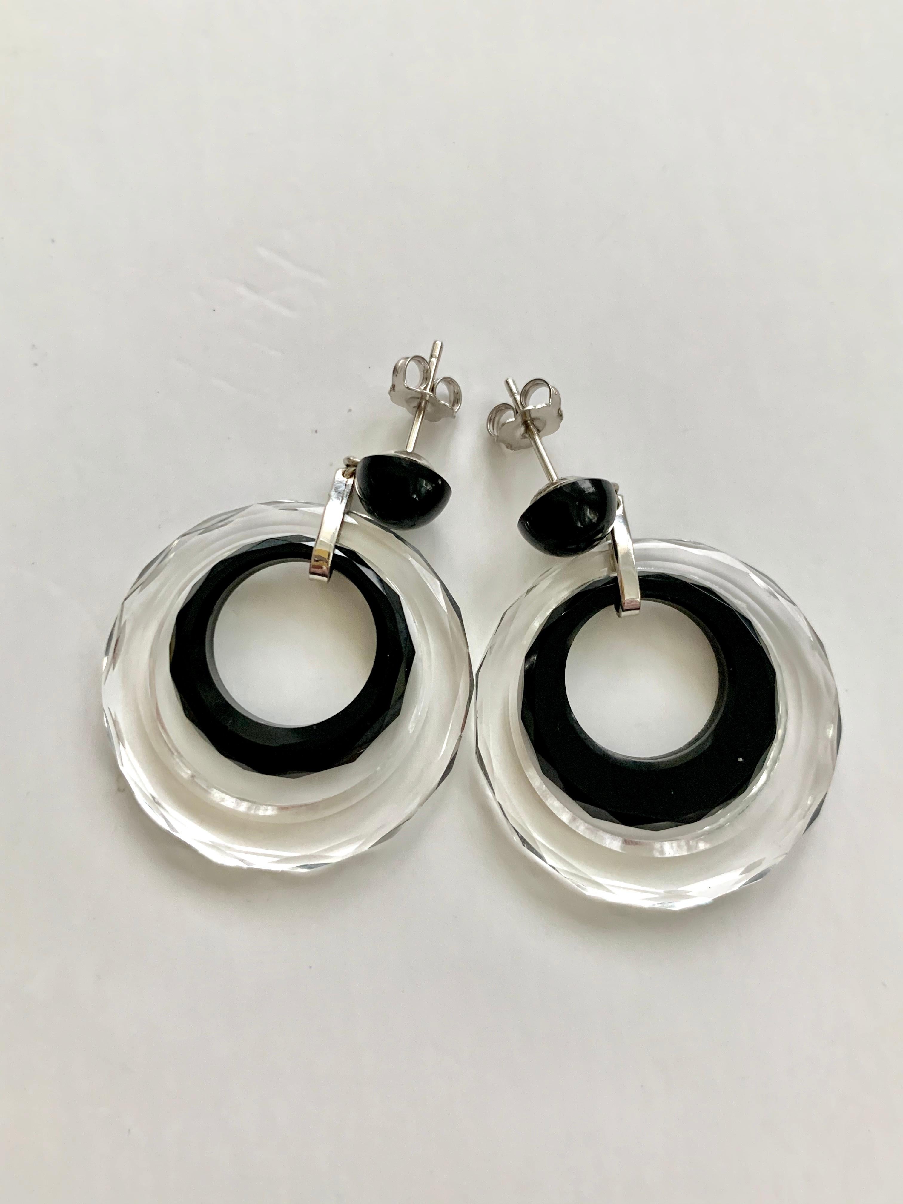 Women's Vintage Black Onyx, Crystal and 14 Karat White Gold Post Earrings For Sale