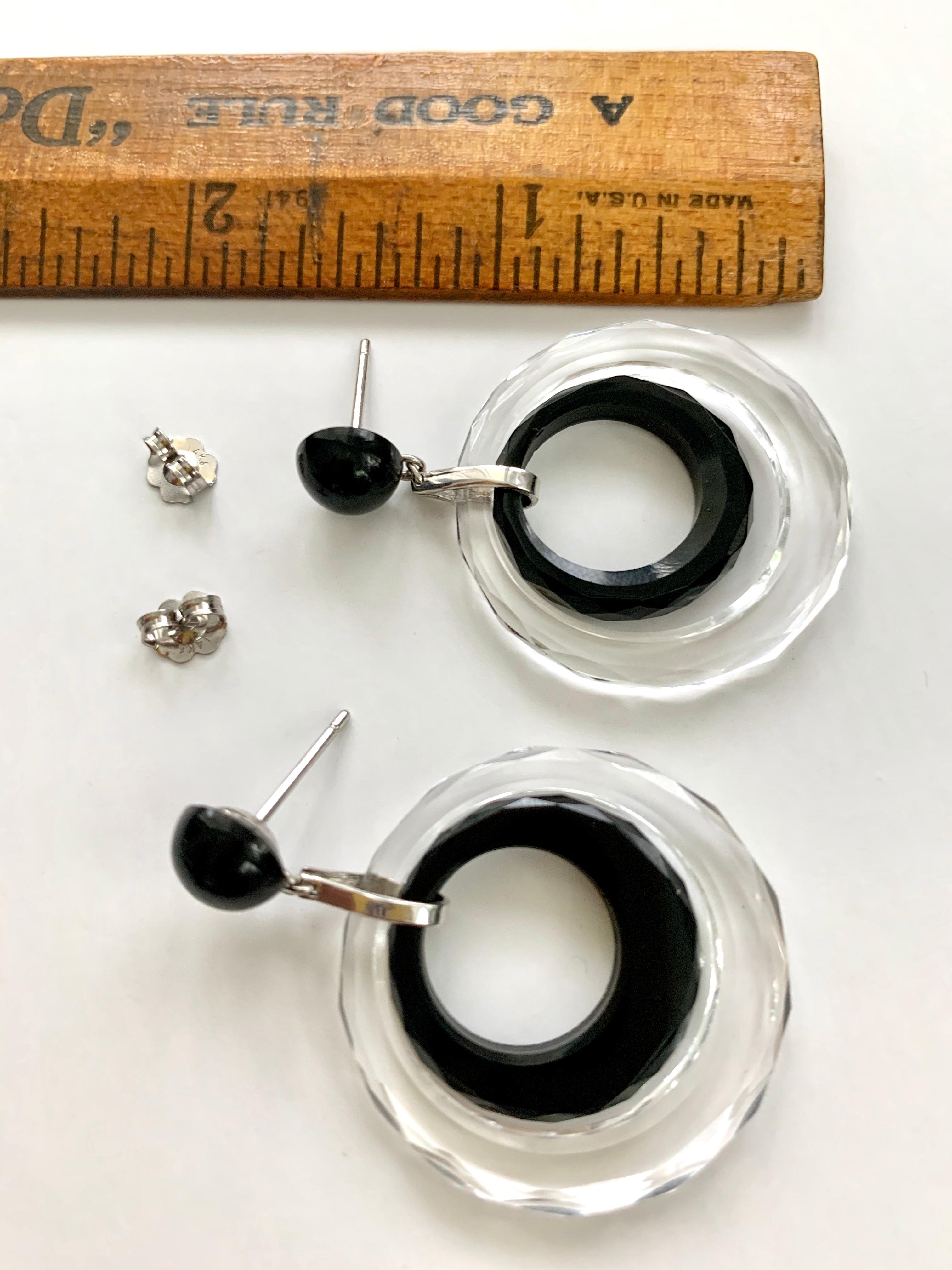 Vintage Black Onyx, Crystal and 14 Karat White Gold Post Earrings For Sale 1