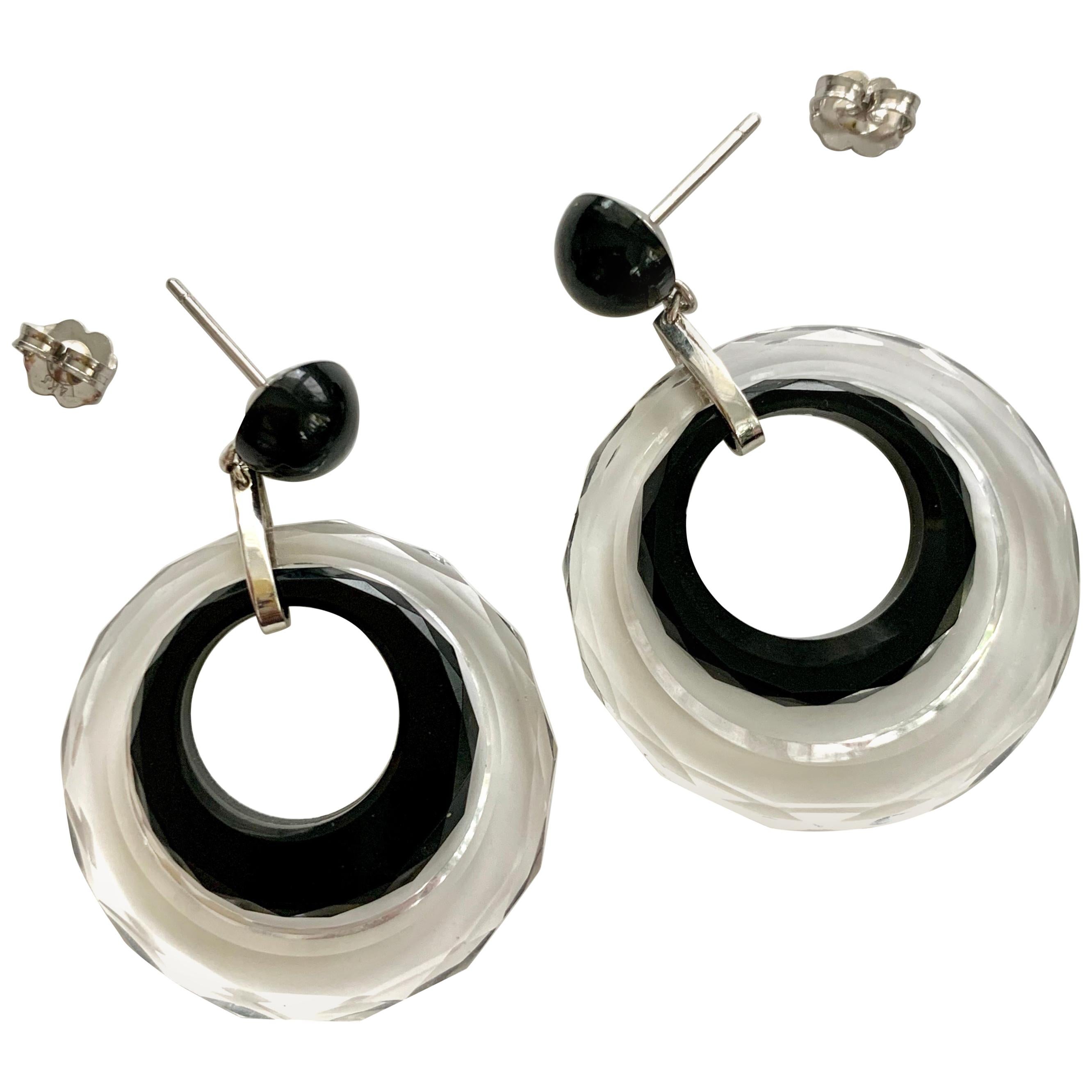 Vintage Black Onyx, Crystal and 14 Karat White Gold Post Earrings For Sale
