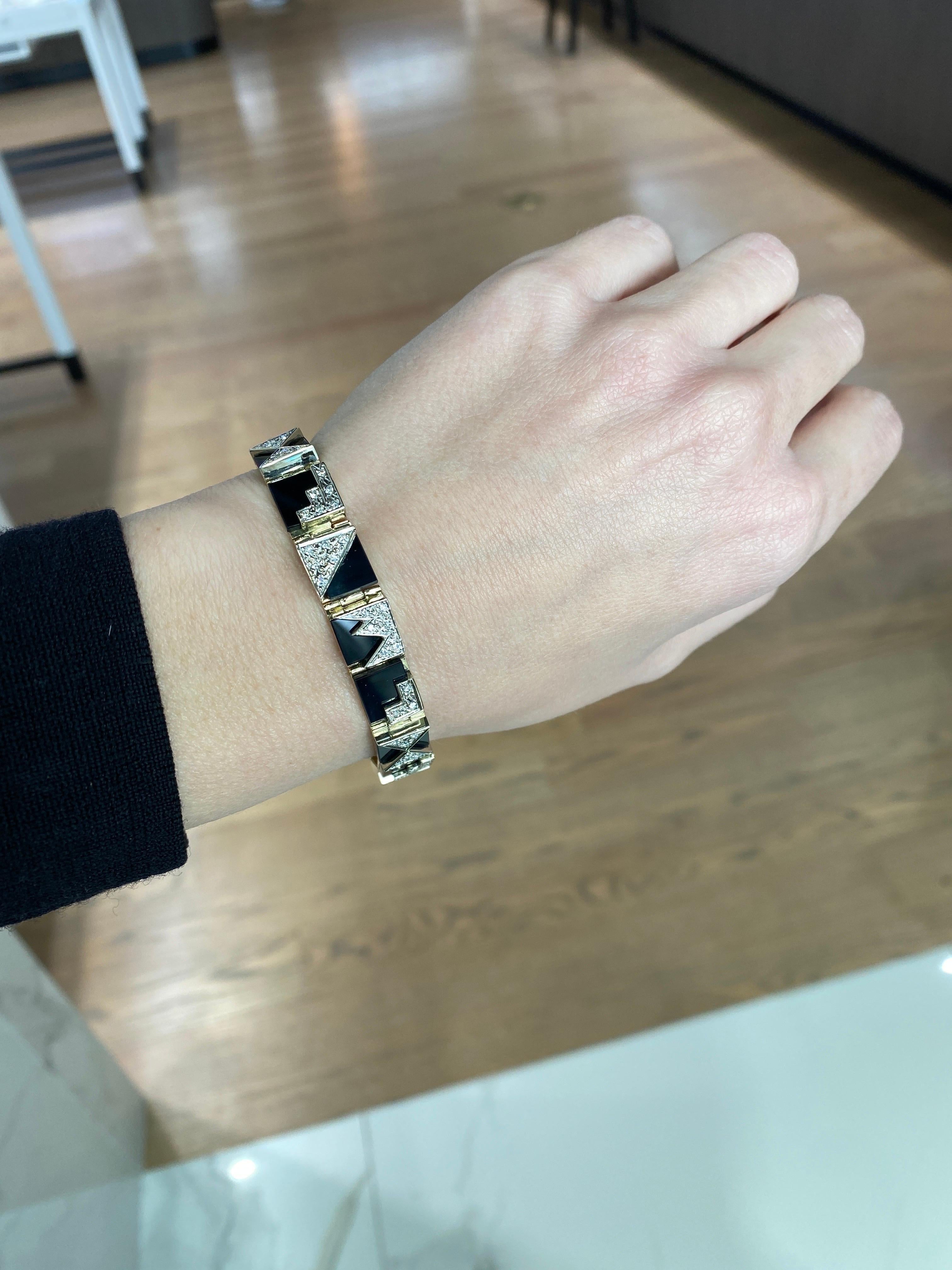 Vintage Black Onyx & Diamond 14 Karat Gold Geometric Bracelet For Sale 7