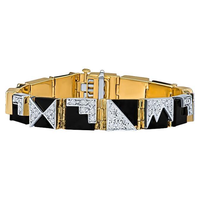 Vintage Black Onyx & Diamond 14 Karat Gold Geometric Bracelet For Sale