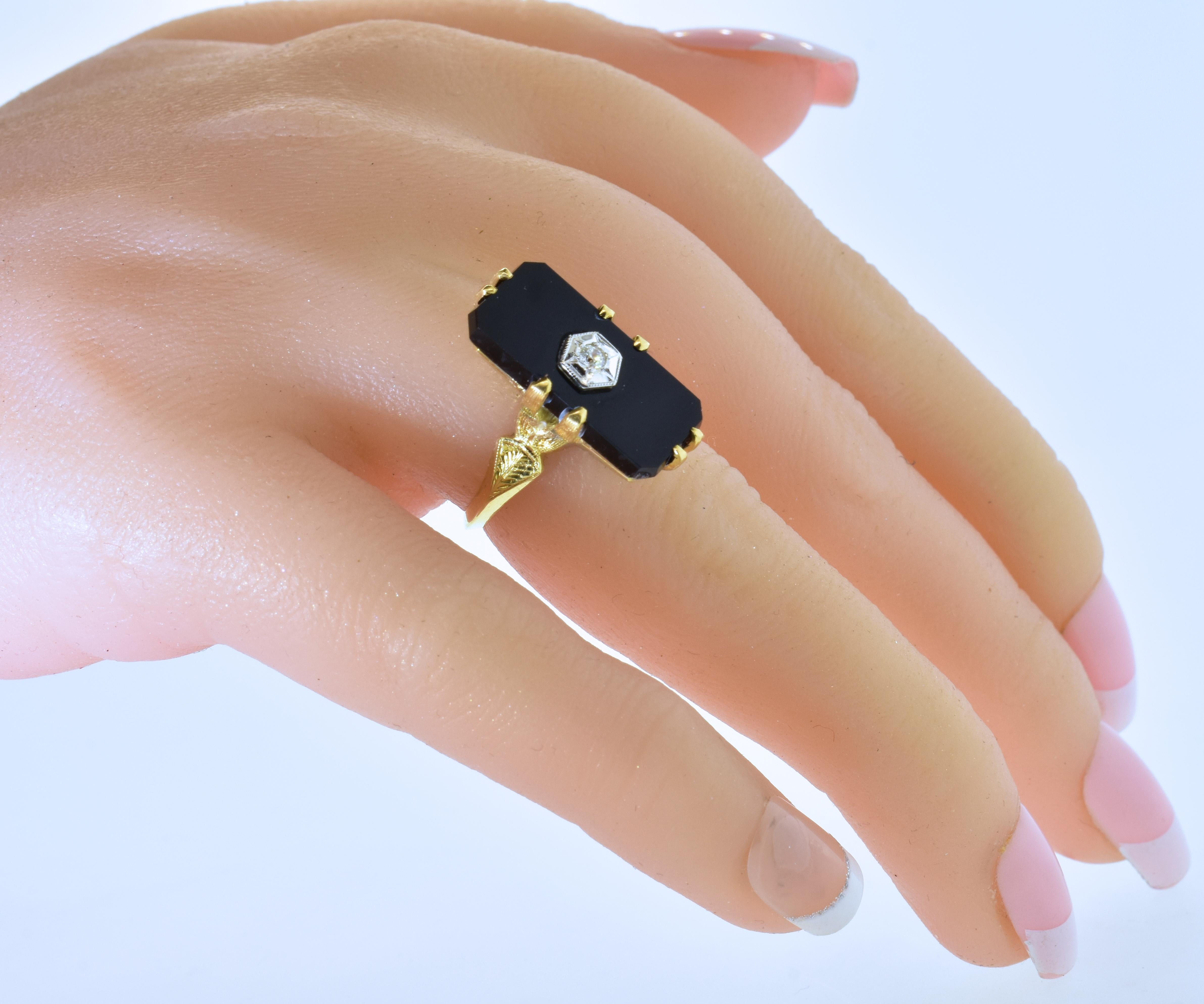 Old European Cut Vintage Black Onyx, Diamond and Yellow and White Gold Ring, circa 1940
