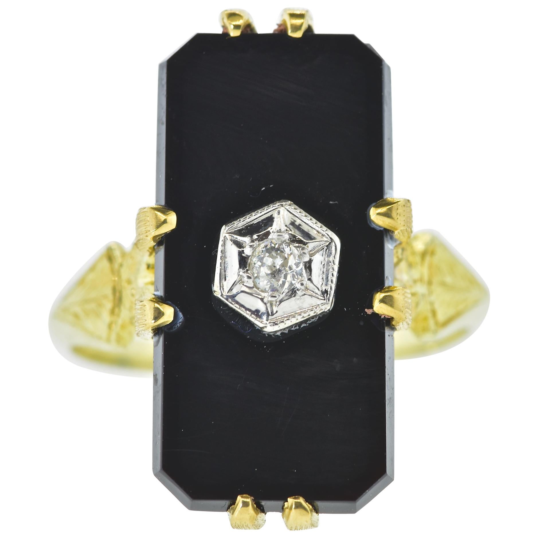 Vintage Black Onyx, Diamond and Yellow and White Gold Ring, circa 1940