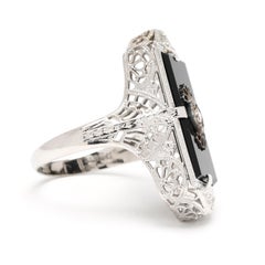 Vintage Black Onyx & Diamond Filigree Ring, 14k White Gold, Ring Size 5