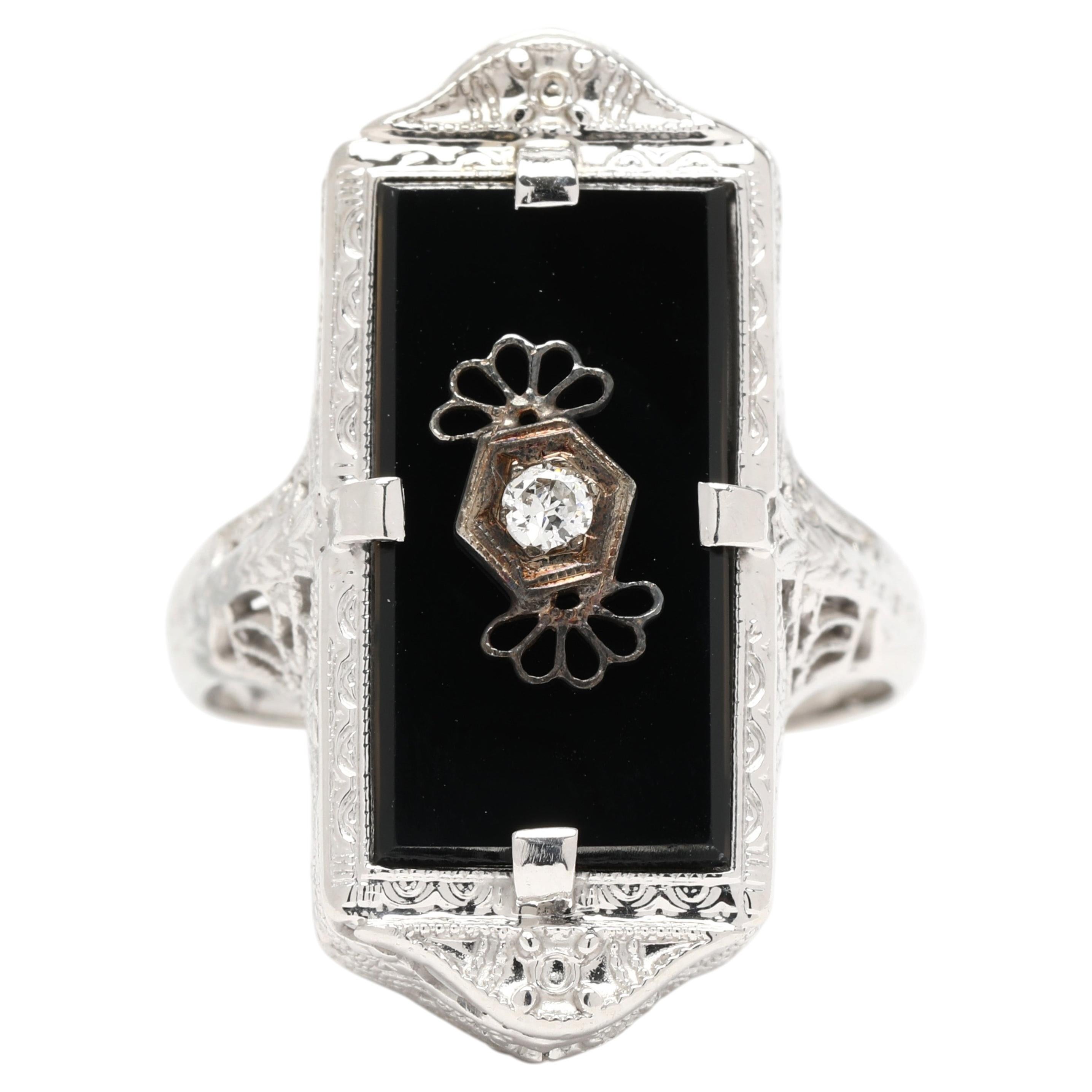 Vintage Black Onyx & Diamond Filigree Ring, 14k White Gold, Ring Size 5