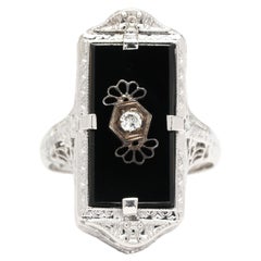 Vintage Black Onyx & Diamond Filigree Ring, 14k White Gold, Ring Size 5