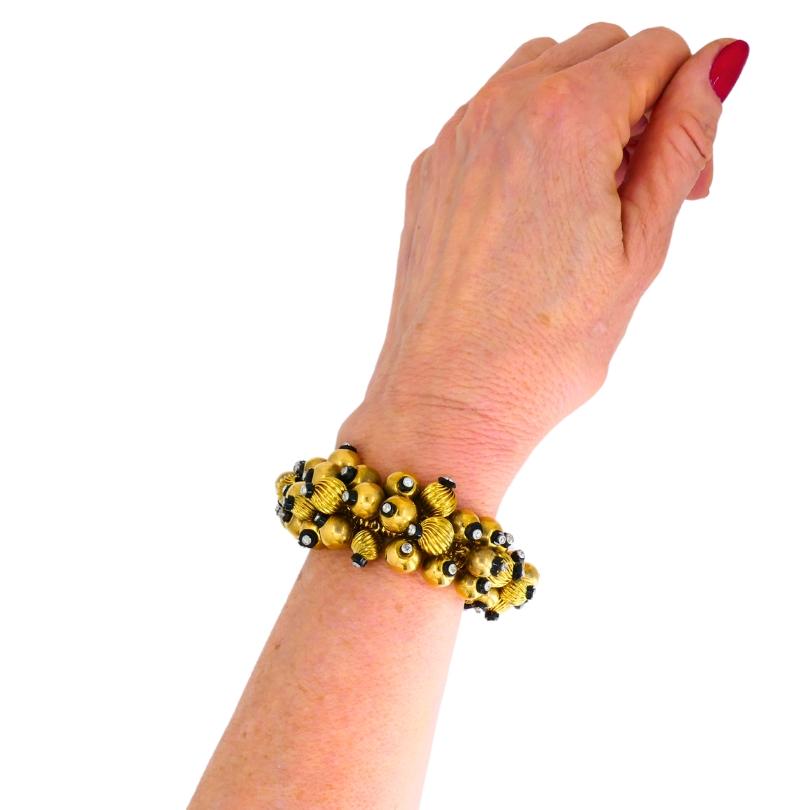 Vintage Black Onyx Gold Bead Bracelet 18k French Retro Jewelry in vendita 4