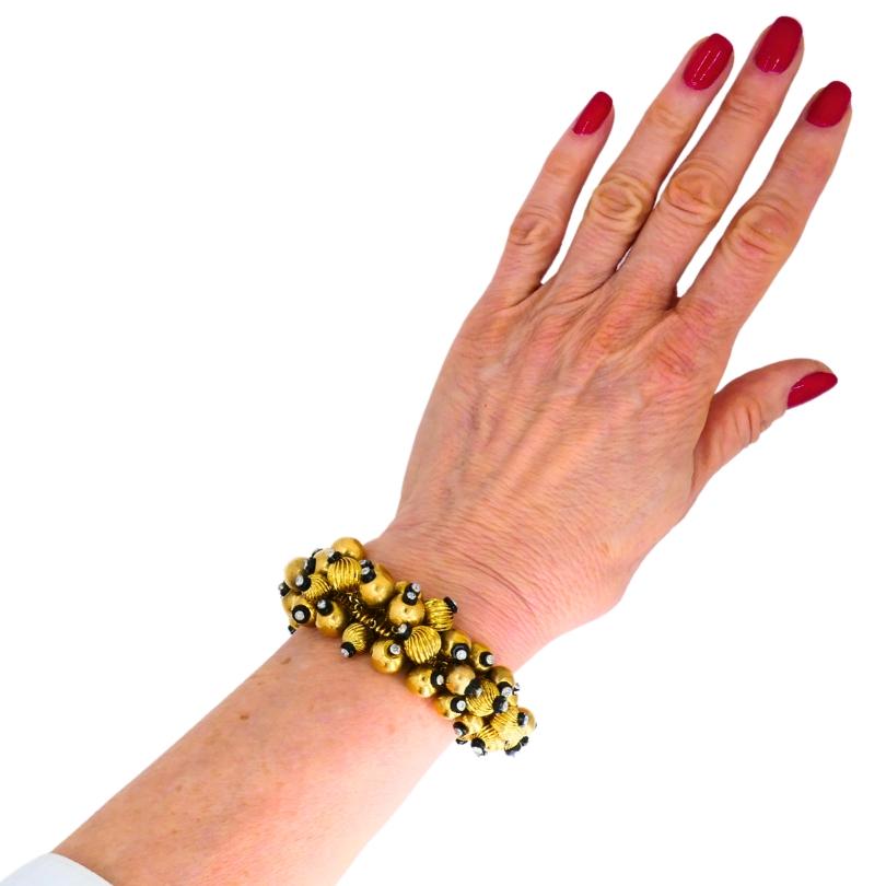 Vintage Black Onyx Gold Bead Bracelet 18k French Retro Jewelry For Sale 6