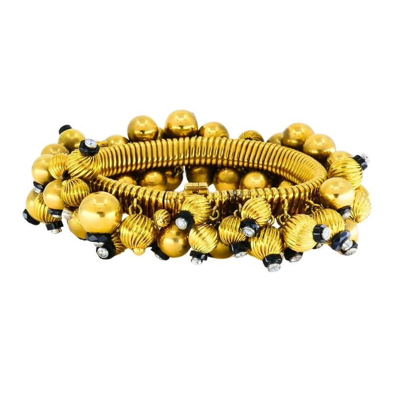 Round Cut Vintage Black Onyx Gold Bead Bracelet 18k French Retro Jewelry For Sale