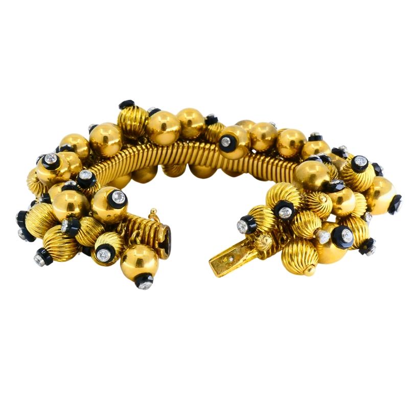 Women's Vintage Black Onyx Gold Bead Bracelet 18k French Retro Jewelry For Sale