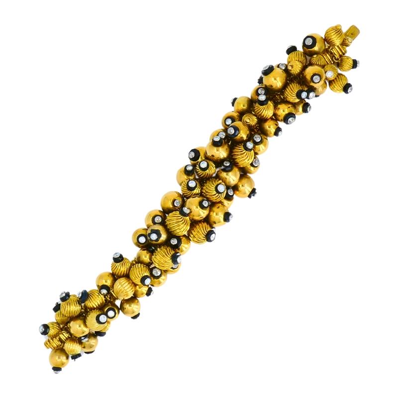 Vintage Black Onyx Gold Bead Bracelet 18k French Retro Jewelry For Sale 2