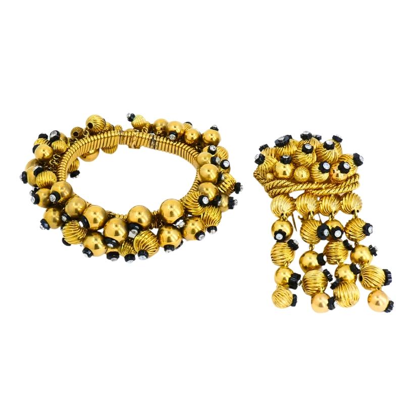 Vintage Black Onyx Gold Bead Bracelet 18k French Retro Jewelry in vendita 2