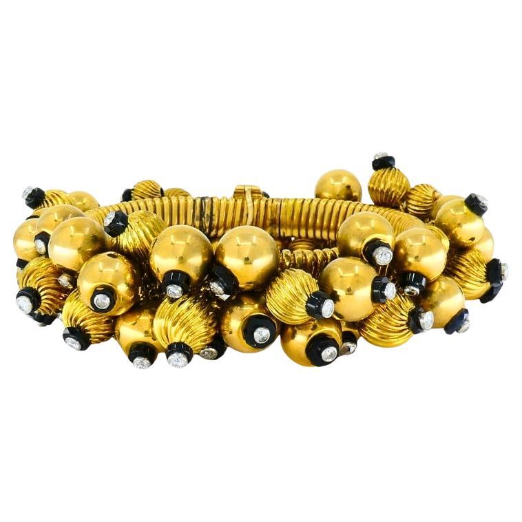 Vintage Black Onyx Gold Bead Bracelet 18k French Retro Jewelry