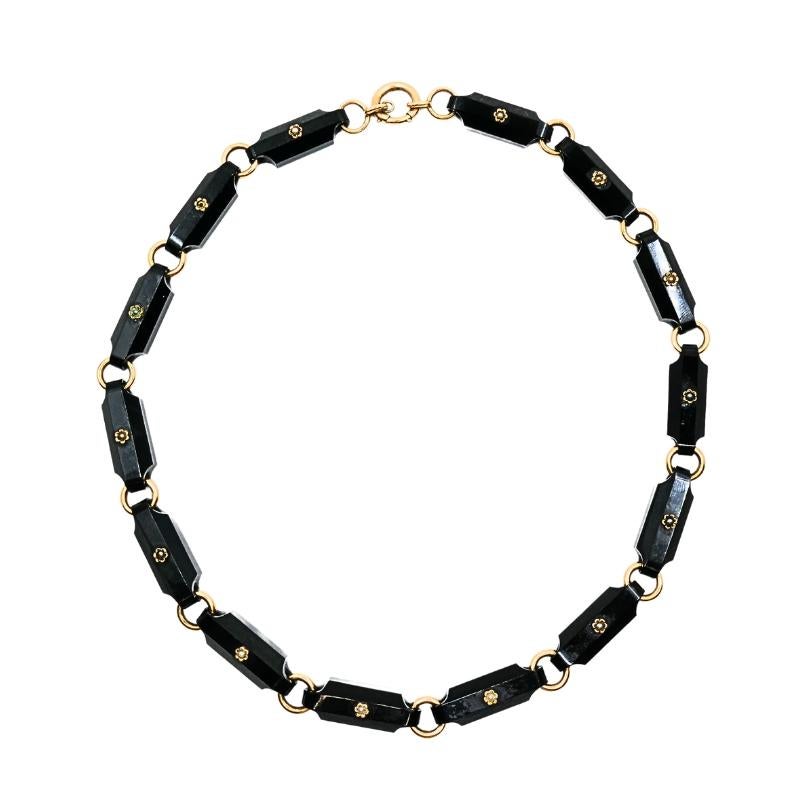 Vintage Schwarzer Onyx Halskette 14k Gold Links, florales Design, Vintage (Gemischter Schliff) im Angebot