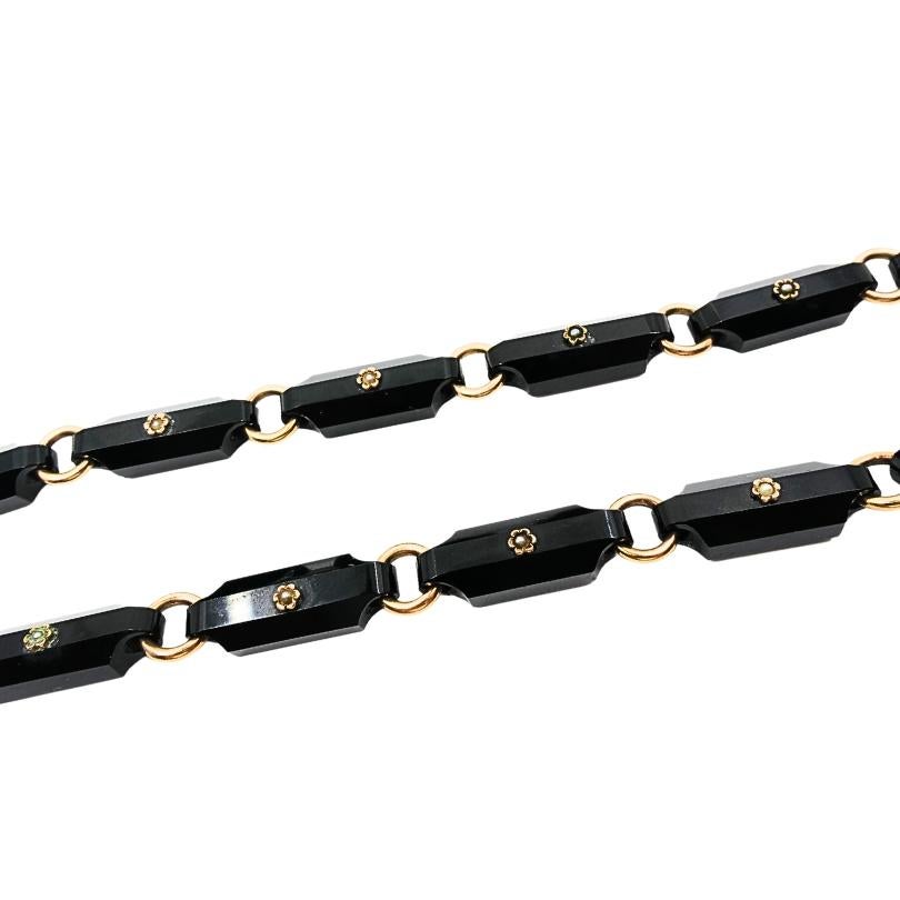 Vintage Schwarzer Onyx Halskette 14k Gold Links, florales Design, Vintage im Zustand „Gut“ im Angebot in Beverly Hills, CA