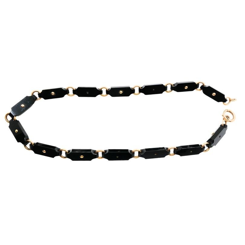 Vintage Schwarzer Onyx Halskette 14k Gold Links, florales Design, Vintage Damen im Angebot