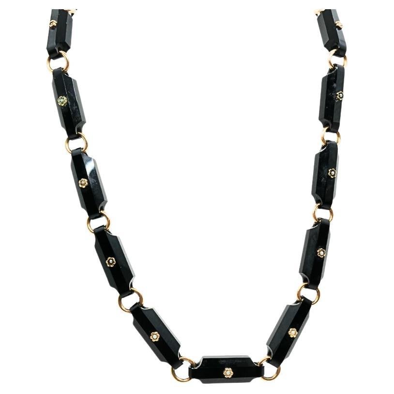 Vintage Black Onyx Necklace Floral Design 14k Gold Links