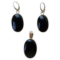 Vintage Black Onyx Pendant and Earrings Sterling Silver Set