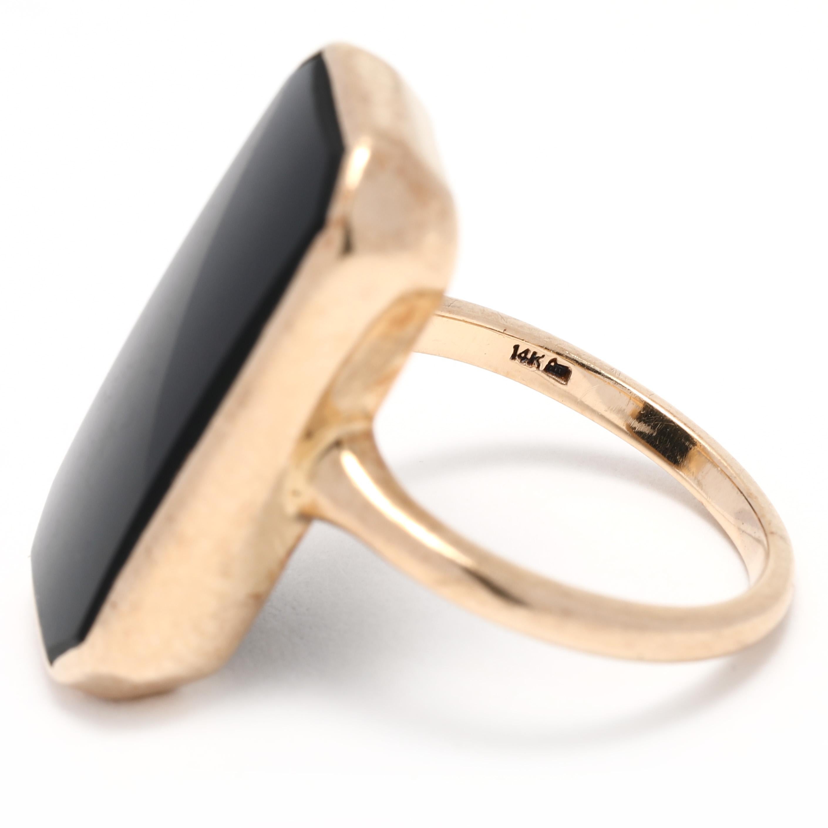 Emerald Cut Vintage Black Onyx Rectangle Cocktail Ring, 14K Yellow Gold, Ring