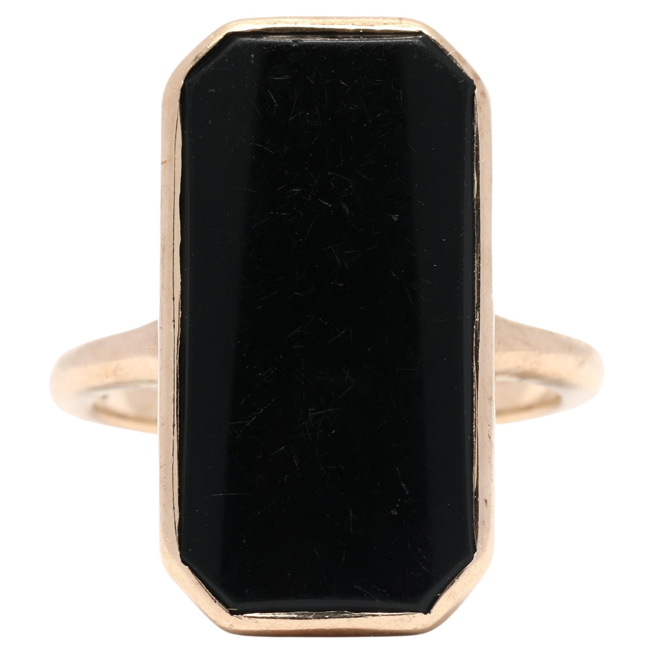 Vintage Black Onyx Rectangle Cocktail Ring, 14K Yellow Gold, Ring