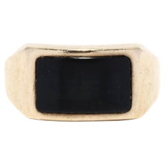Vintage Black Onyx Signet Ring, 10K Gold, Horizontal Onyx Signet Ring, Rectangle