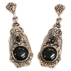Vintage Black Onyx Sterling Hematite Dangle Earrings w/ Floral Cutout 