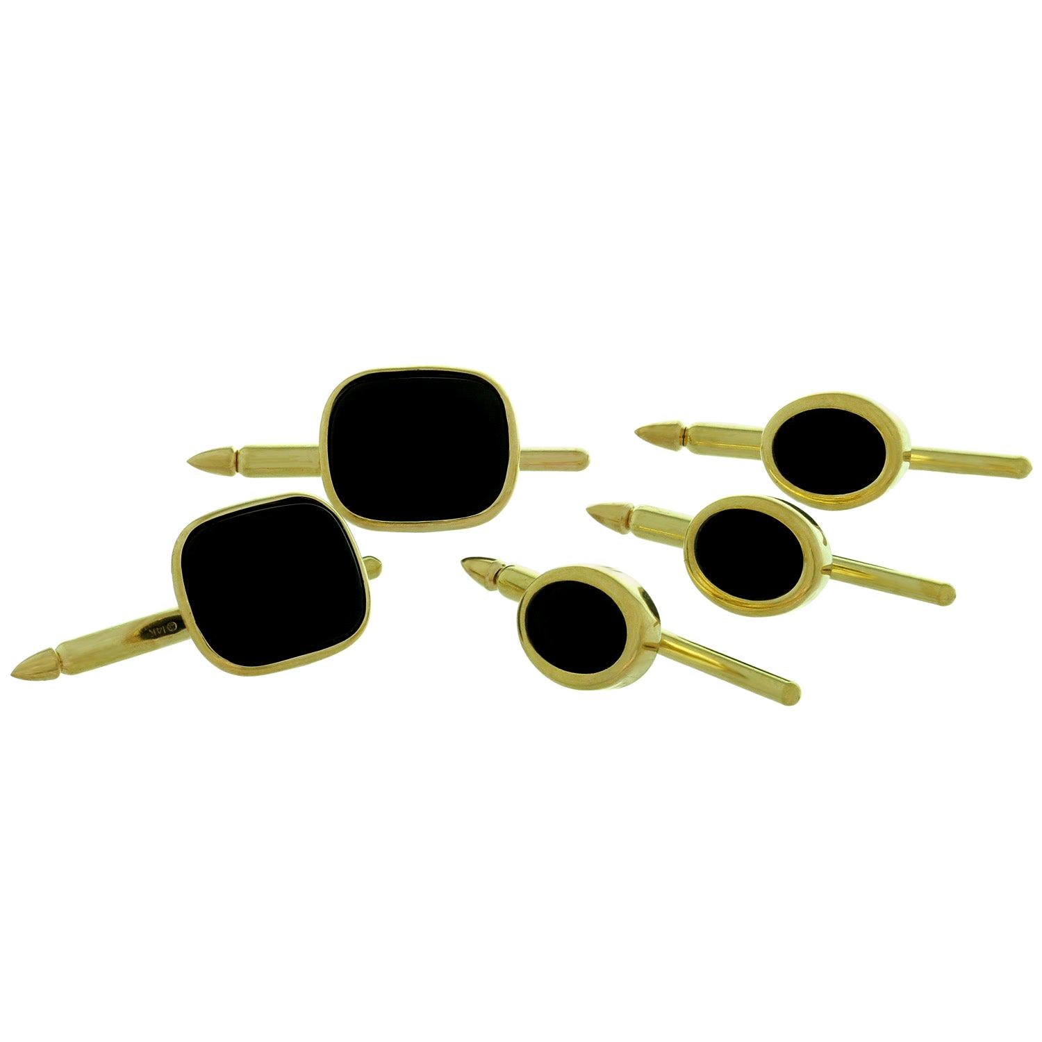 Vintage Black Onyx Yellow Gold Men's Button Studs Set of 5 For Sale