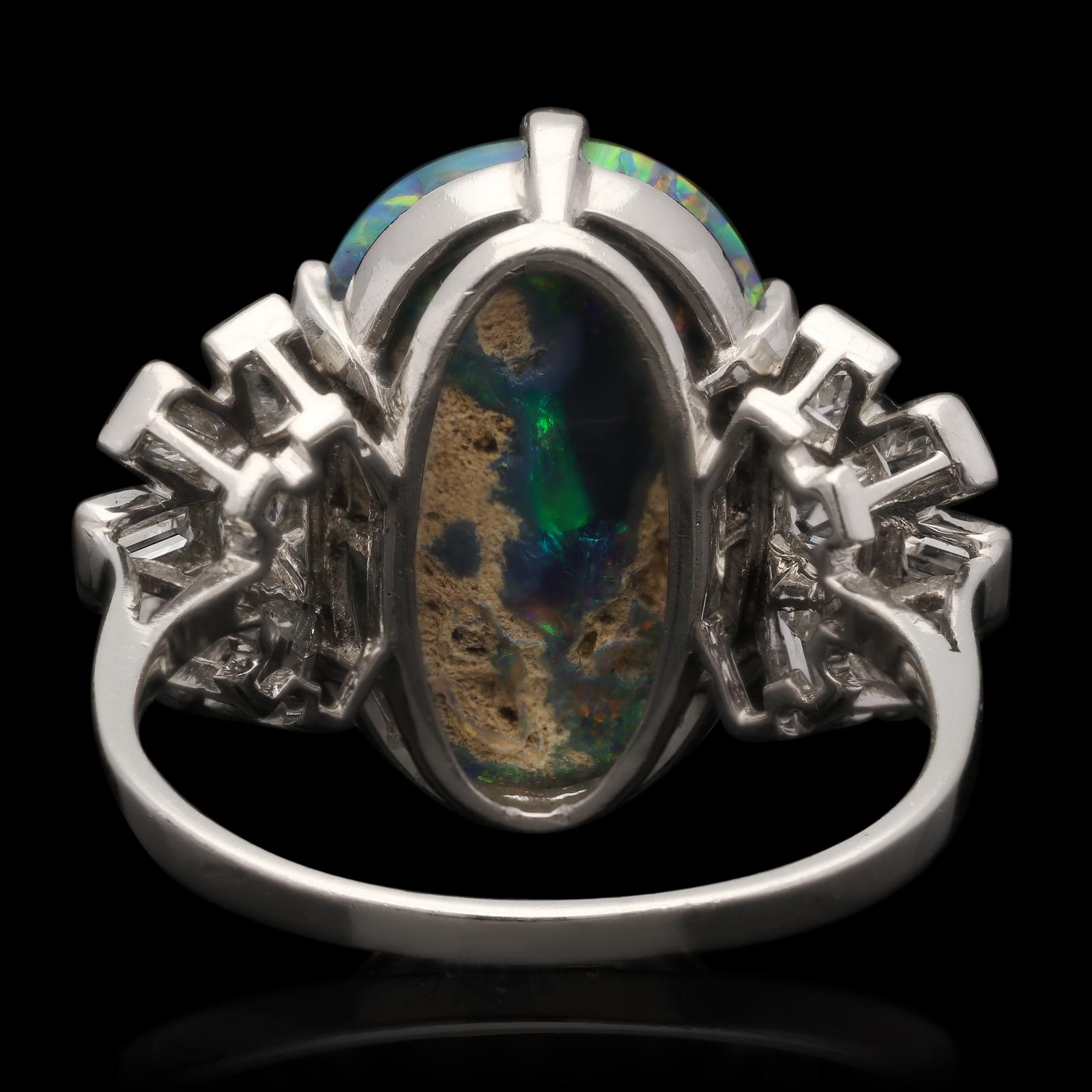Women's or Men's Vintage Black Opal and Diamond Cocktail Ring, Circa 1950s