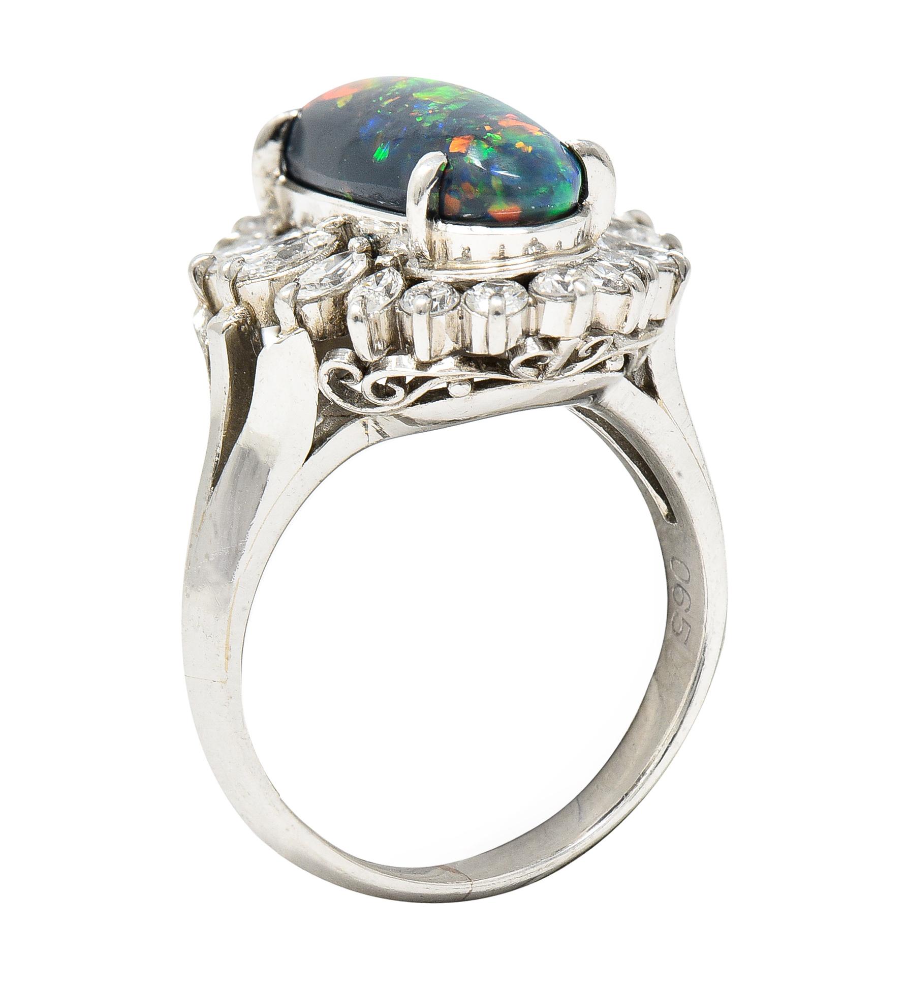 Vintage Black Opal Cabochon Marquise Cut Diamond Platinum Cluster Ring 4