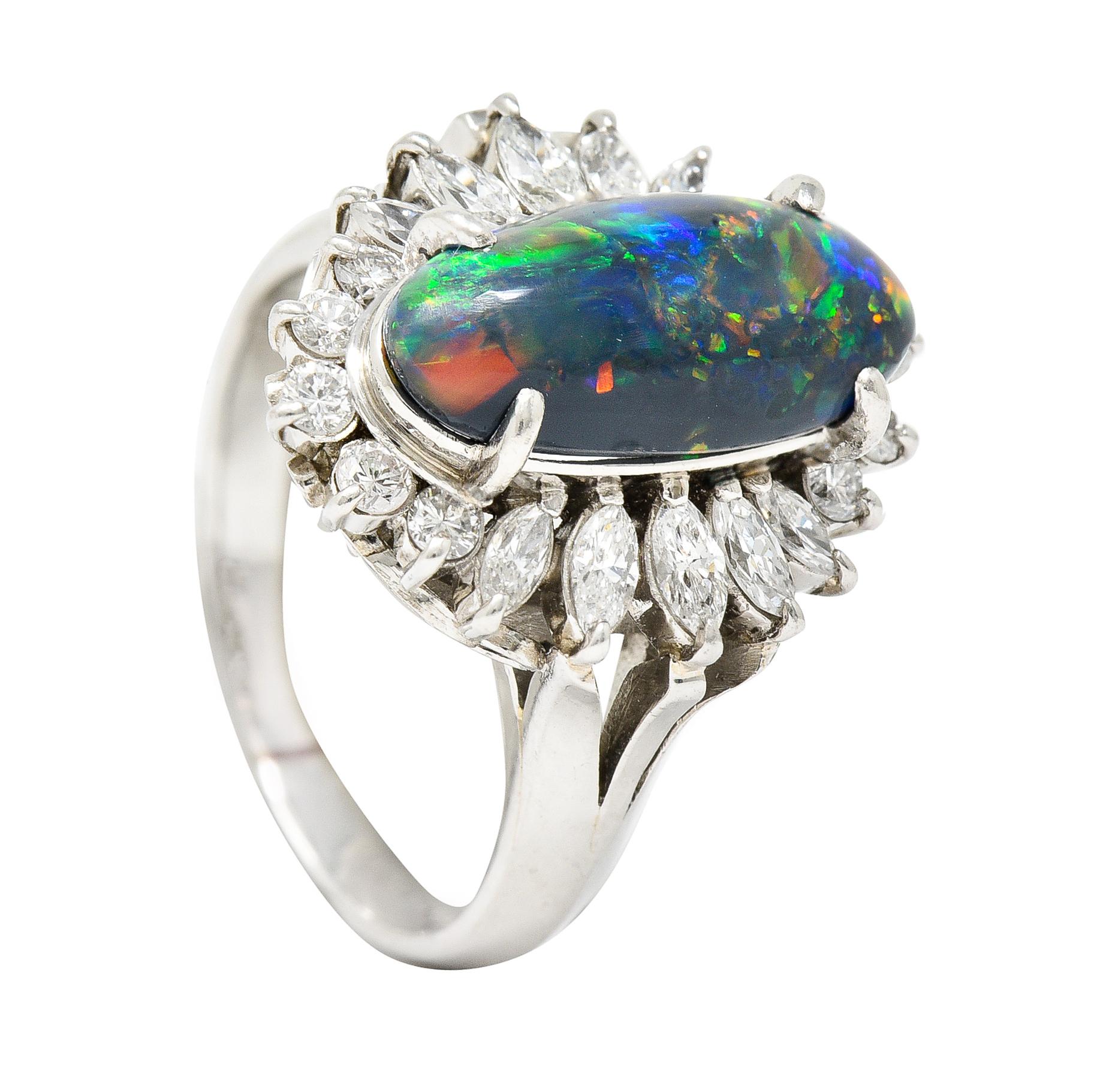 Vintage Black Opal Cabochon Marquise Cut Diamond Platinum Cluster Ring 5