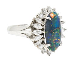 Vintage Black Opal Cabochon Marquise Cut Diamond Platinum Cluster Ring