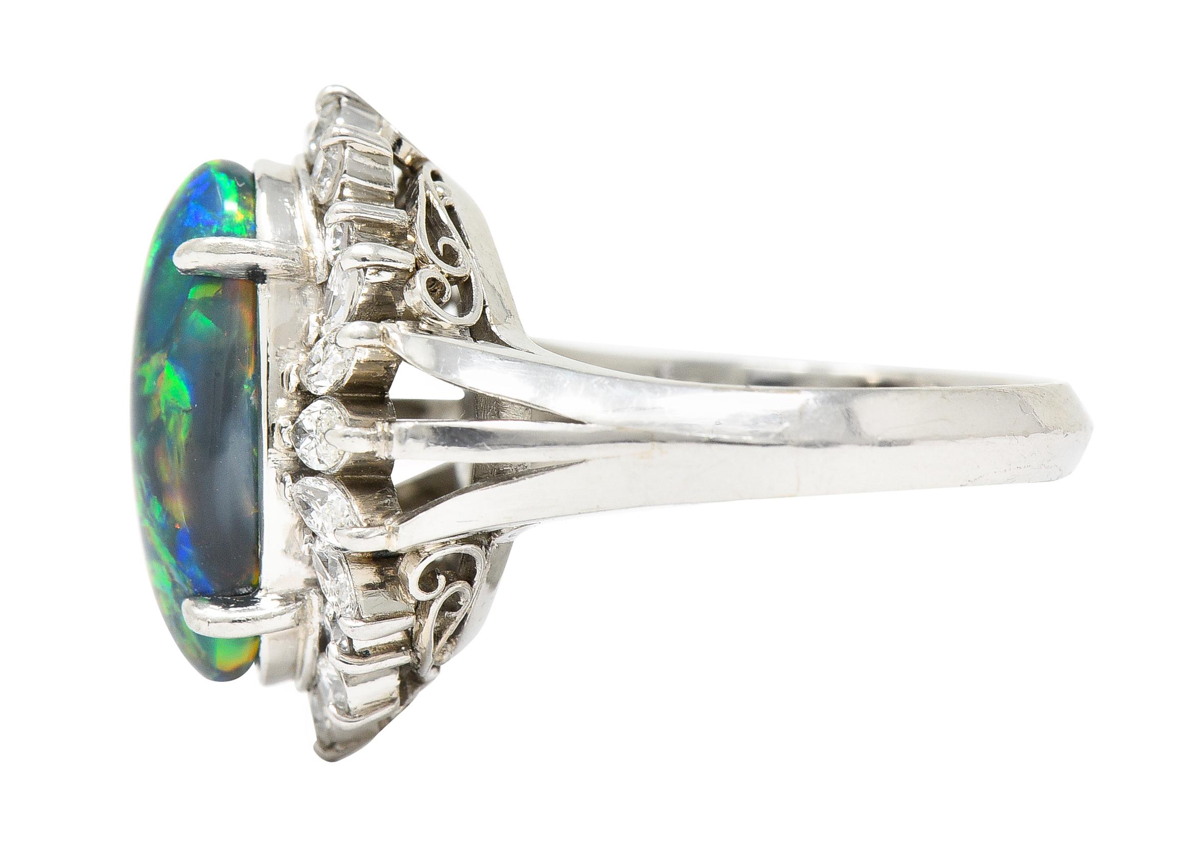 Vintage Black Opal Cabochon Marquise Cut Diamond Platinum Cluster Ring In Excellent Condition In Philadelphia, PA