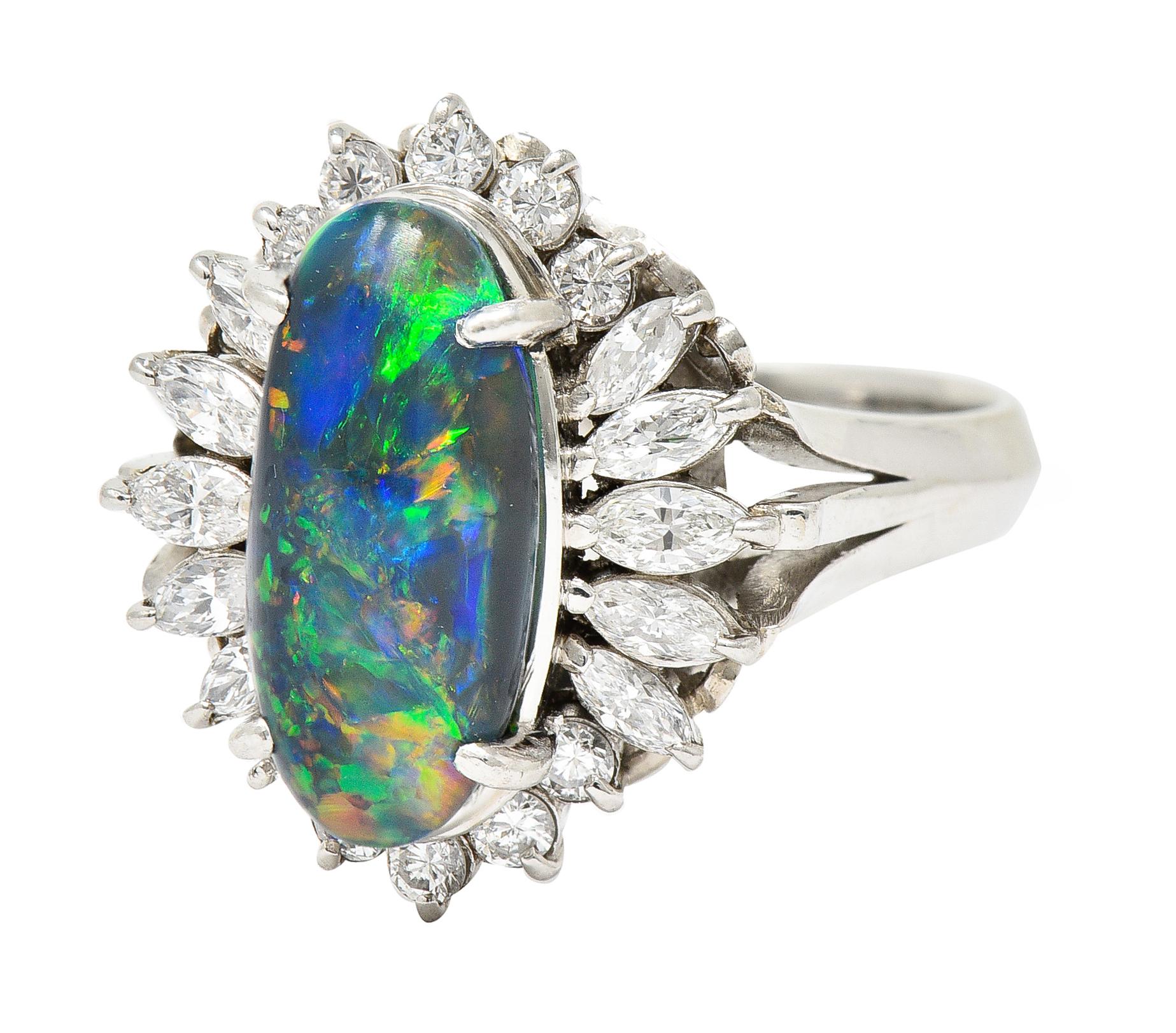 Women's or Men's Vintage Black Opal Cabochon Marquise Cut Diamond Platinum Cluster Ring