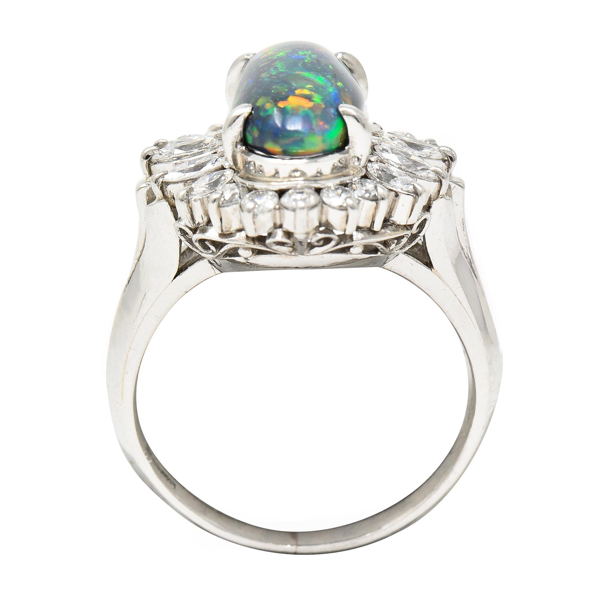 Vintage Black Opal Cabochon Marquise Cut Diamond Platinum Cluster Ring 3