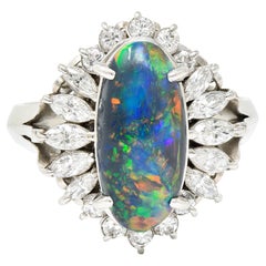 Vintage Black Opal Cabochon Marquise Cut Diamond Platinum Cluster Ring