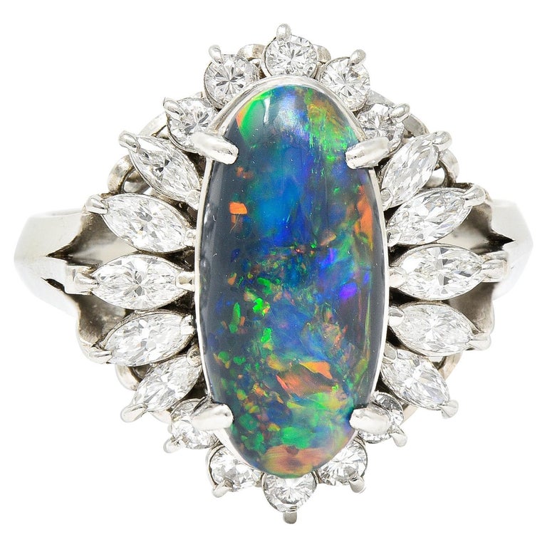 Vintage Black Opal Cabochon Marquise Cut Diamond Platinum Cluster Ring For  Sale at 1stDibs | vintage black opal ring
